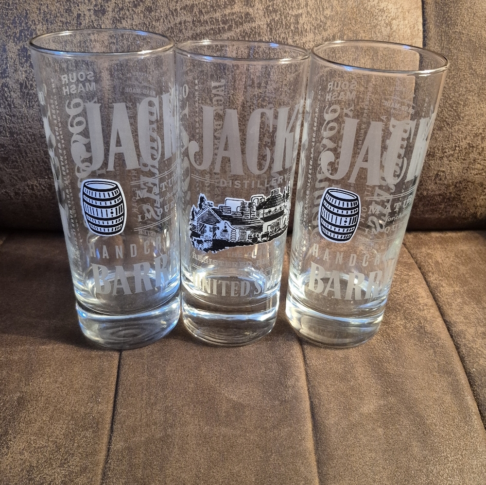 JACK DANIELS Glasses Old No7 Brand Etched Whiskey Highball Distillery Silver Rim